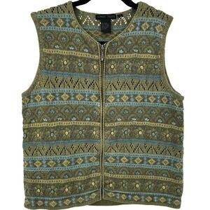 Nomadic Traders Womens Green Knit Zip Sweater Vest Boho Cottagecore Sz Small